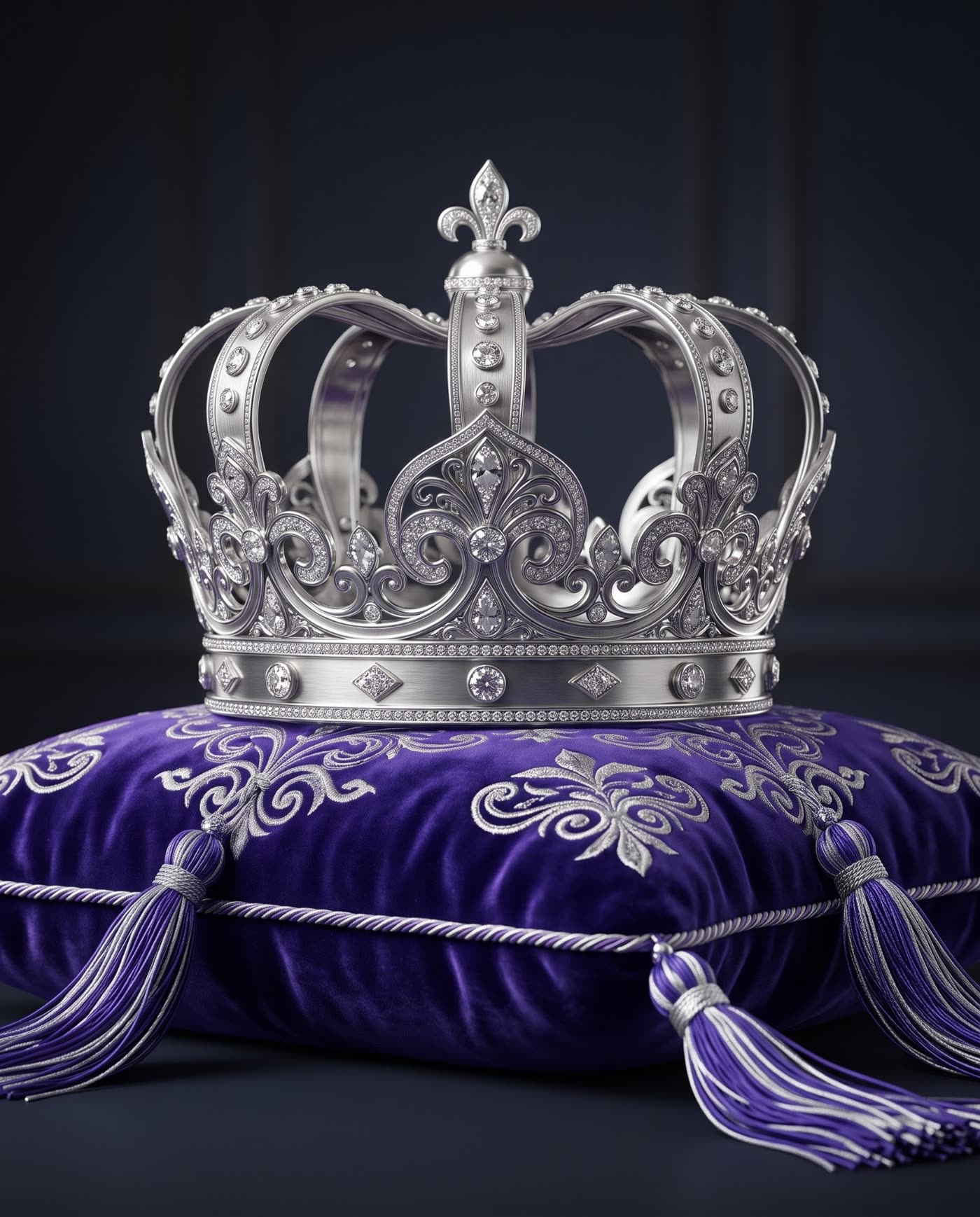 A royal crown resting on a purple velvet cushion
