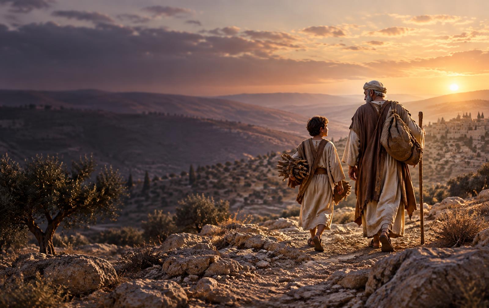 Abraham and Isaac walking together through the hills of Moriah